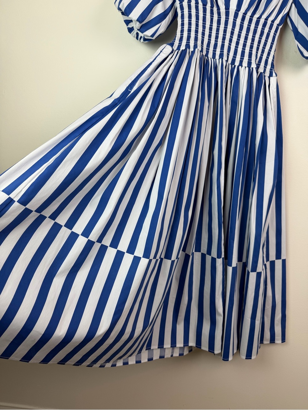 AYR The Extra Extra Puff Sleeve Midi Dress in Marais Blue Regatta Stripe XS - Picture 12 of 16